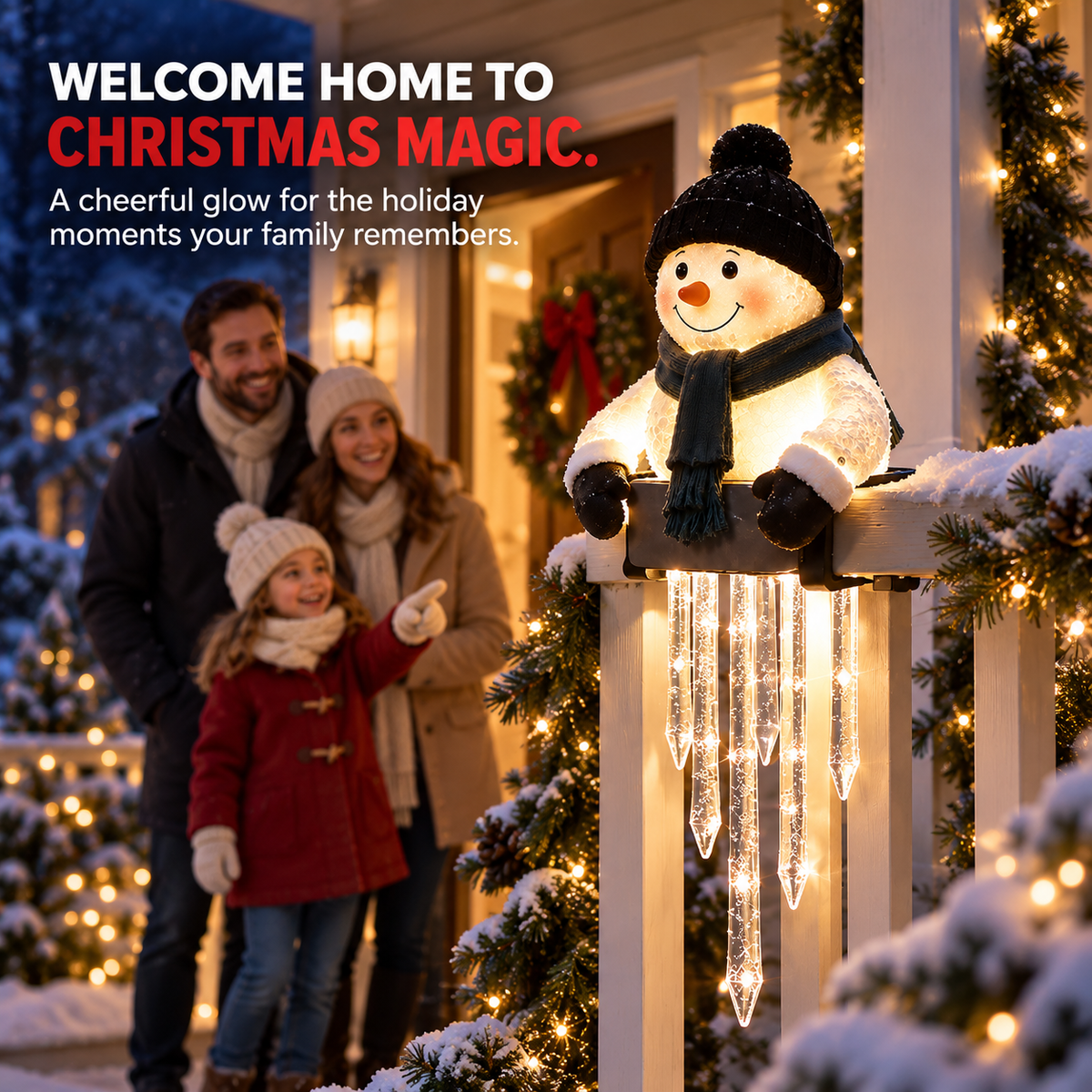 🍁💖Glenivo® Lighted Snowman Railing Decoration with Hanging Icicles – Christmas Porch Décor