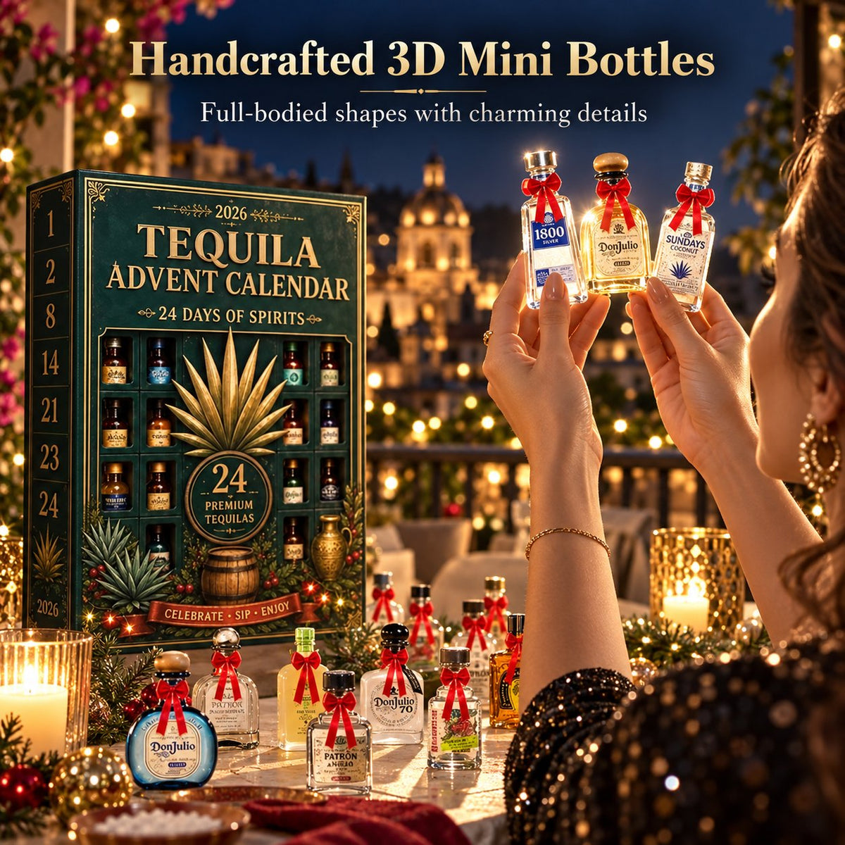 🍁💖Glenivo® 24-Day Mini Tequila Bottle Advent Blind Box for Holiday Celebration, Bar Table Decor, Collector Gift & Family Countdown