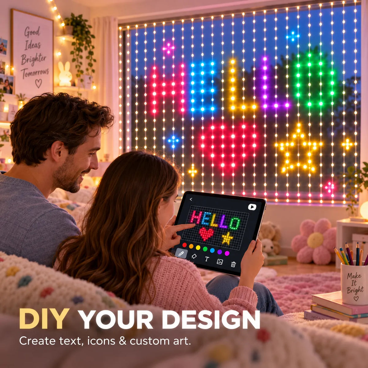 🌼💖Turn Any Window Into a Light Show.One Light Curtain. Endless Occasions.Create animated patterns, holiday scenes, custom messages and more — all from your phone.