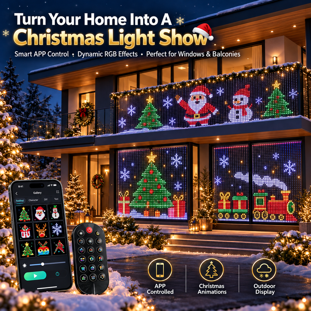 LAST DAY 49% OFF -🌼💖Glenivo® Smart RGB Pixel LED Curtain Lights | App-Controlled Dynamic Holiday Light Show for Outdoor Home Decoration