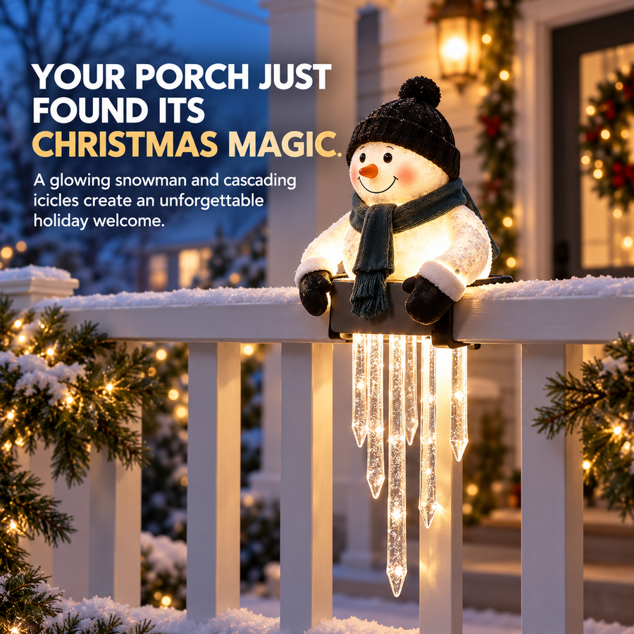 🍁💖Glenivo® Lighted Snowman Railing Decoration with Hanging Icicles – Christmas Porch Décor