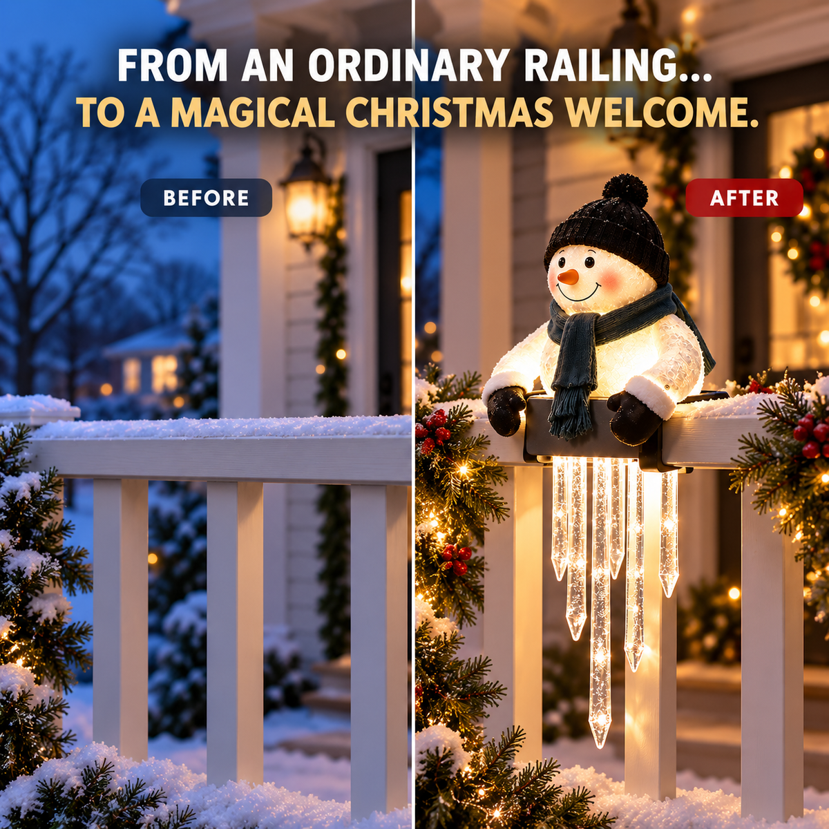 🍁💖Glenivo® Lighted Snowman Railing Decoration with Hanging Icicles – Christmas Porch Décor