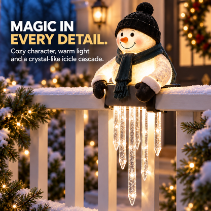 🍁💖Glenivo® Lighted Snowman Railing Decoration with Hanging Icicles – Christmas Porch Décor