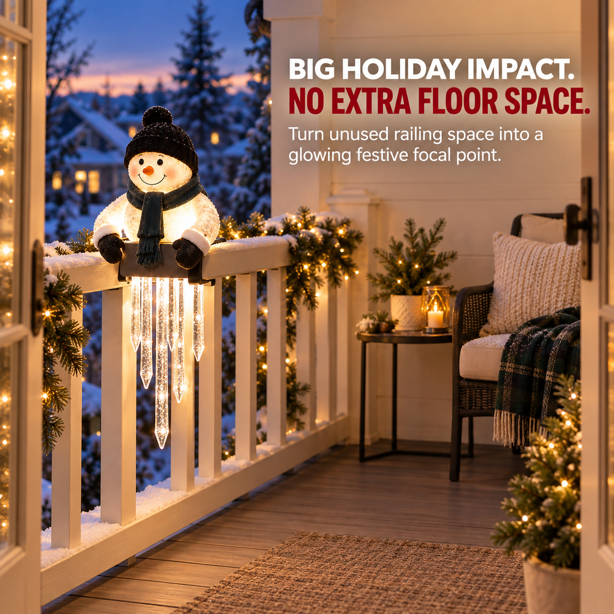 🍁💖Glenivo® Lighted Snowman Railing Decoration with Hanging Icicles – Christmas Porch Décor