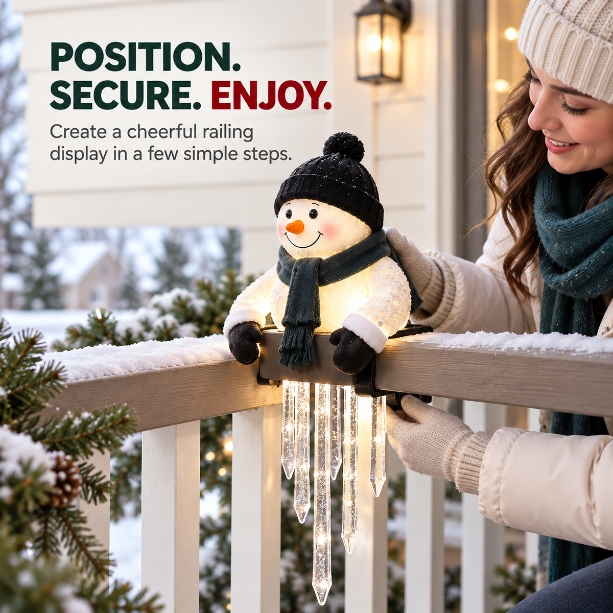 🍁💖Glenivo® Lighted Snowman Railing Decoration with Hanging Icicles – Christmas Porch Décor