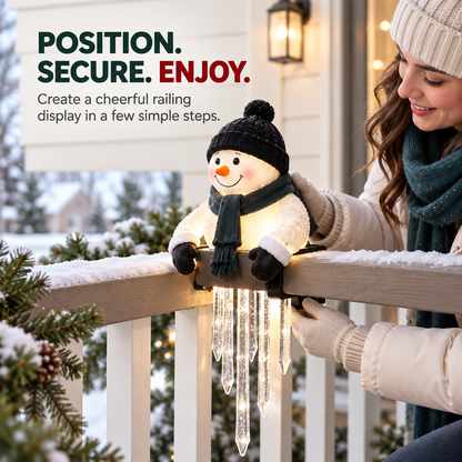 🍁💖Glenivo® Lighted Snowman Railing Decoration with Hanging Icicles – Christmas Porch Décor