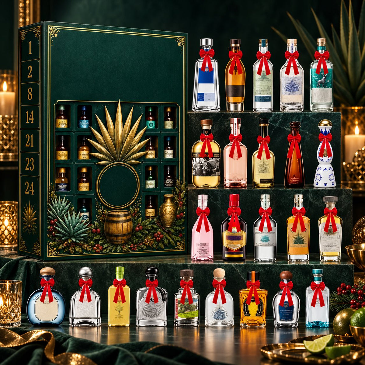 🍁💖Glenivo® 24-Day Mini Tequila Bottle Advent Blind Box for Holiday Celebration, Bar Table Decor, Collector Gift & Family Countdown